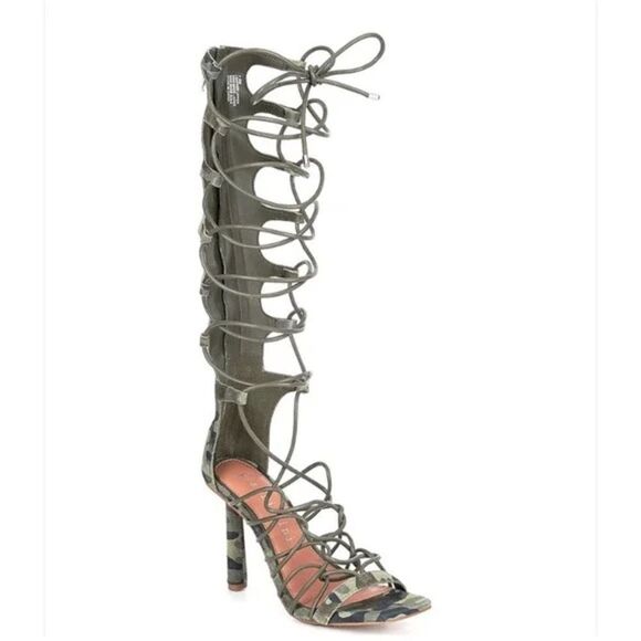 Gianni Bini Sandals Women's Size 8 Suede Camo Print Tall Ankle Wrap Lace-up NIB - Picture 1 of 11